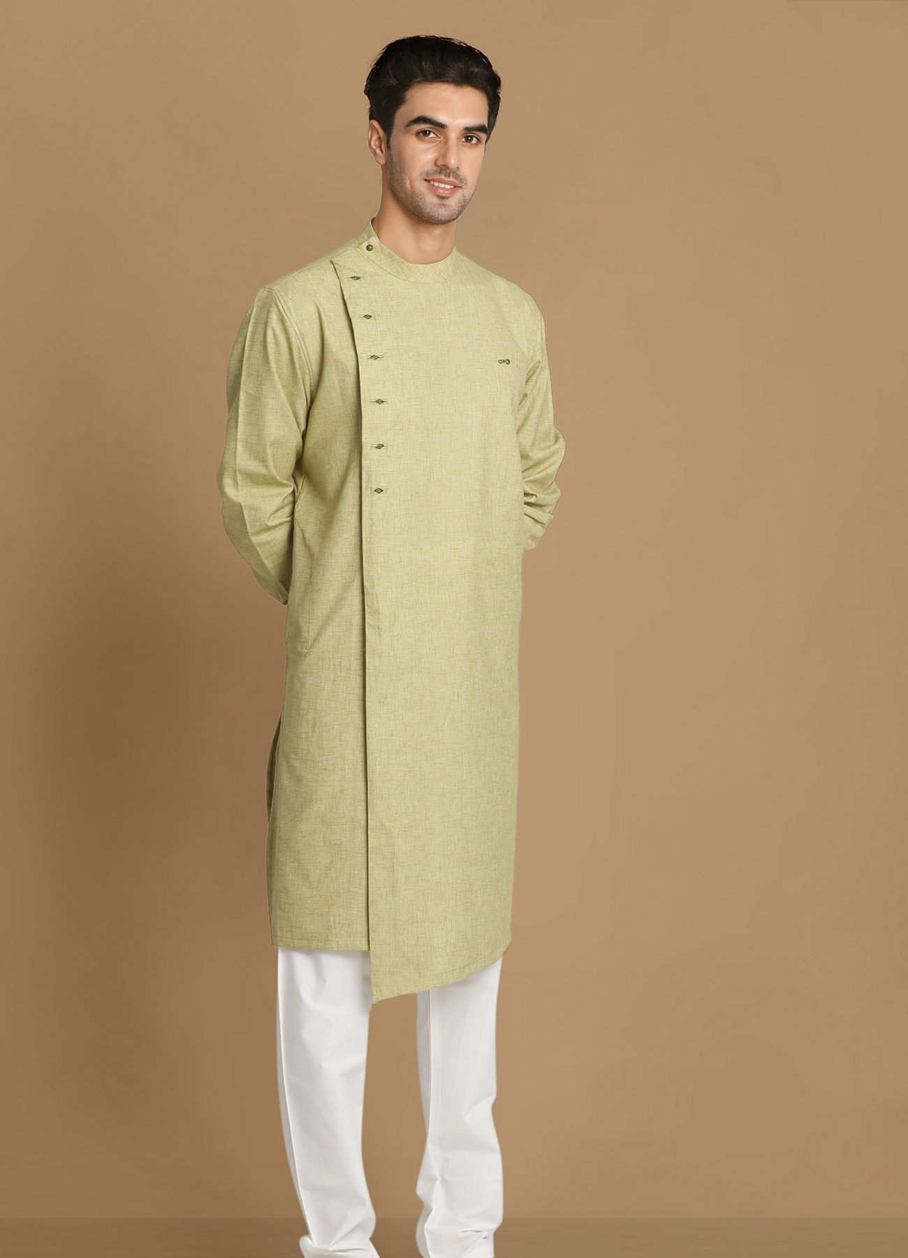 Manyavar Men Faded Green Side Open Self Design Kurta