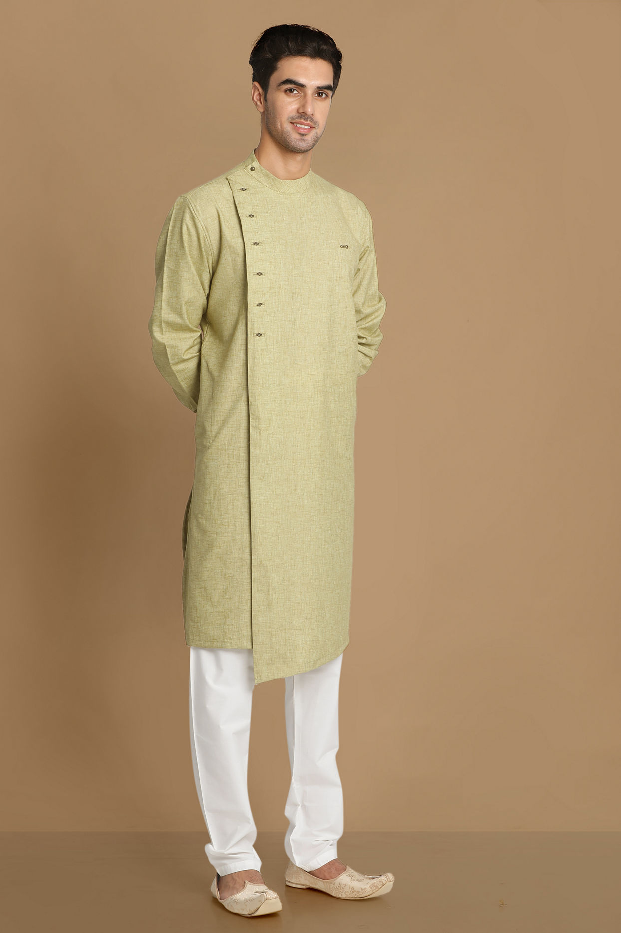 alt message - Manyavar Men Faded Green Side Open Self Design Kurta image number 1