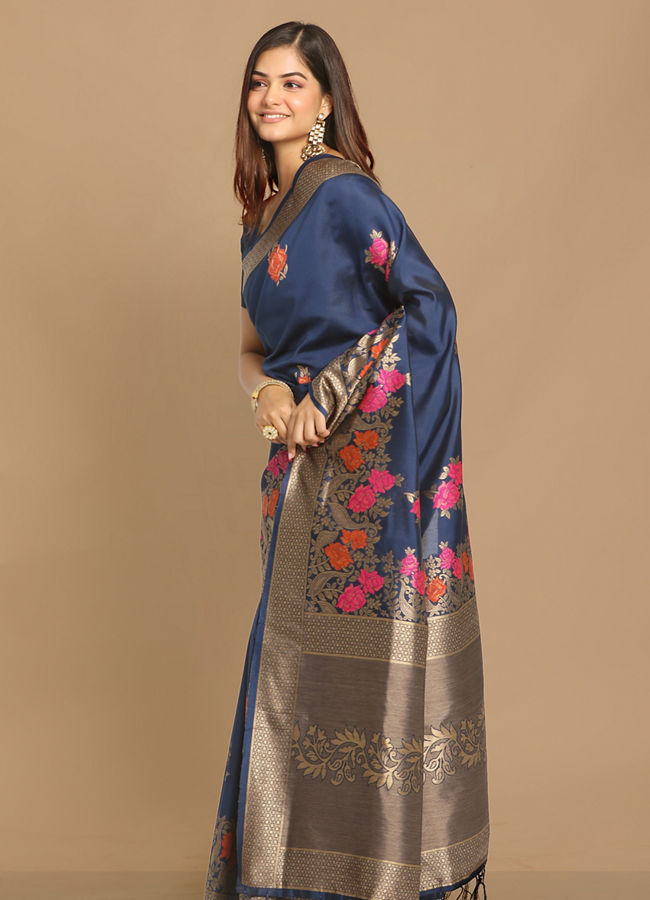 alt message - Mohey Women Trendy Indigo Blue Saree image number 4