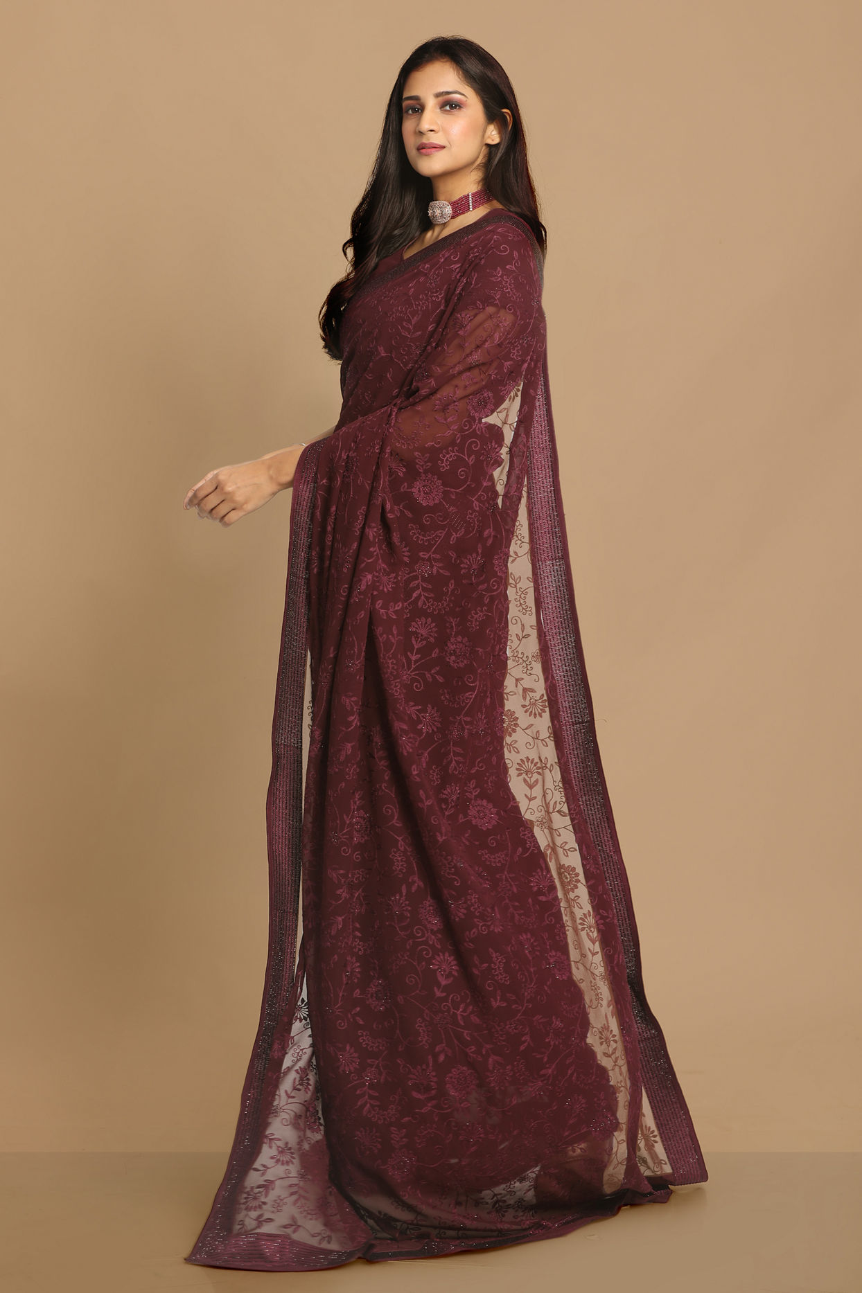 Mohey Women Coveted Wine Saree