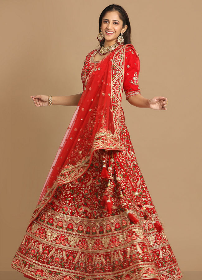 Mohey Women Red Floral Embroidered Bridal Lehenga