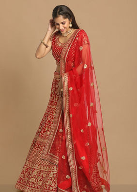 alt message - Mohey Women Red Zari Embroidered Lehenga image number 2