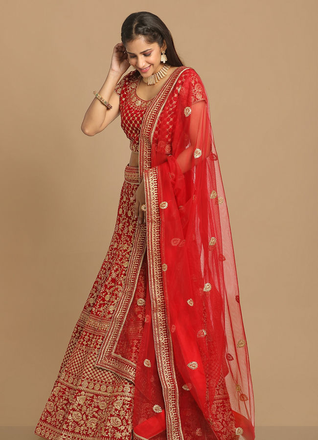 Mohey Women Red Zari Embroidered Bridal Lehenga