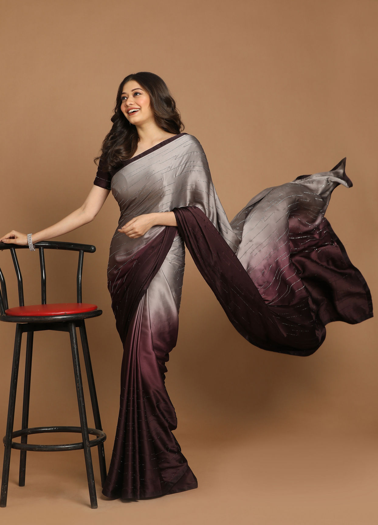 Partywear Wine And Grey Saree image number 3