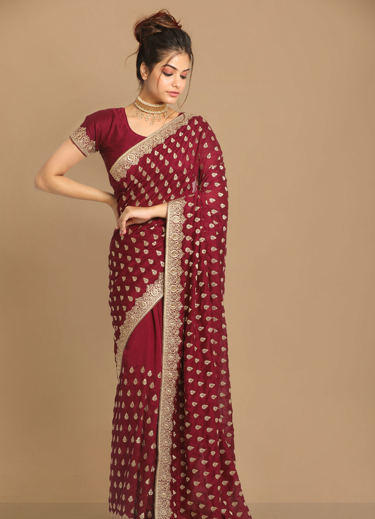 Mohey Women Royal Wine Embroidered Saree