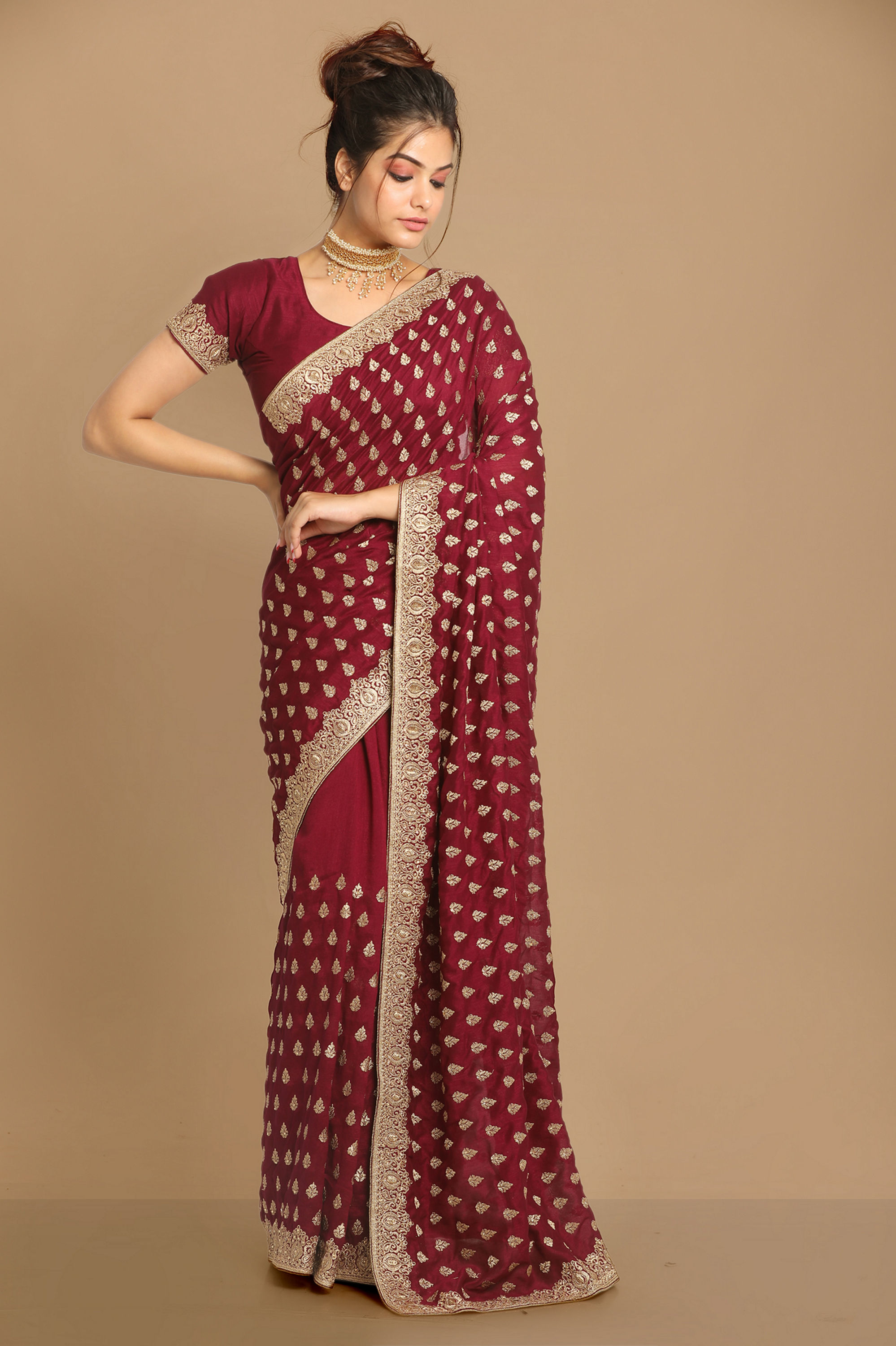 Mohey Women Royal Wine Embroidered Saree