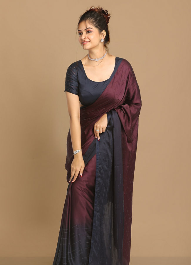 Mohey Women Gorgeous Wine And Indigo Saree