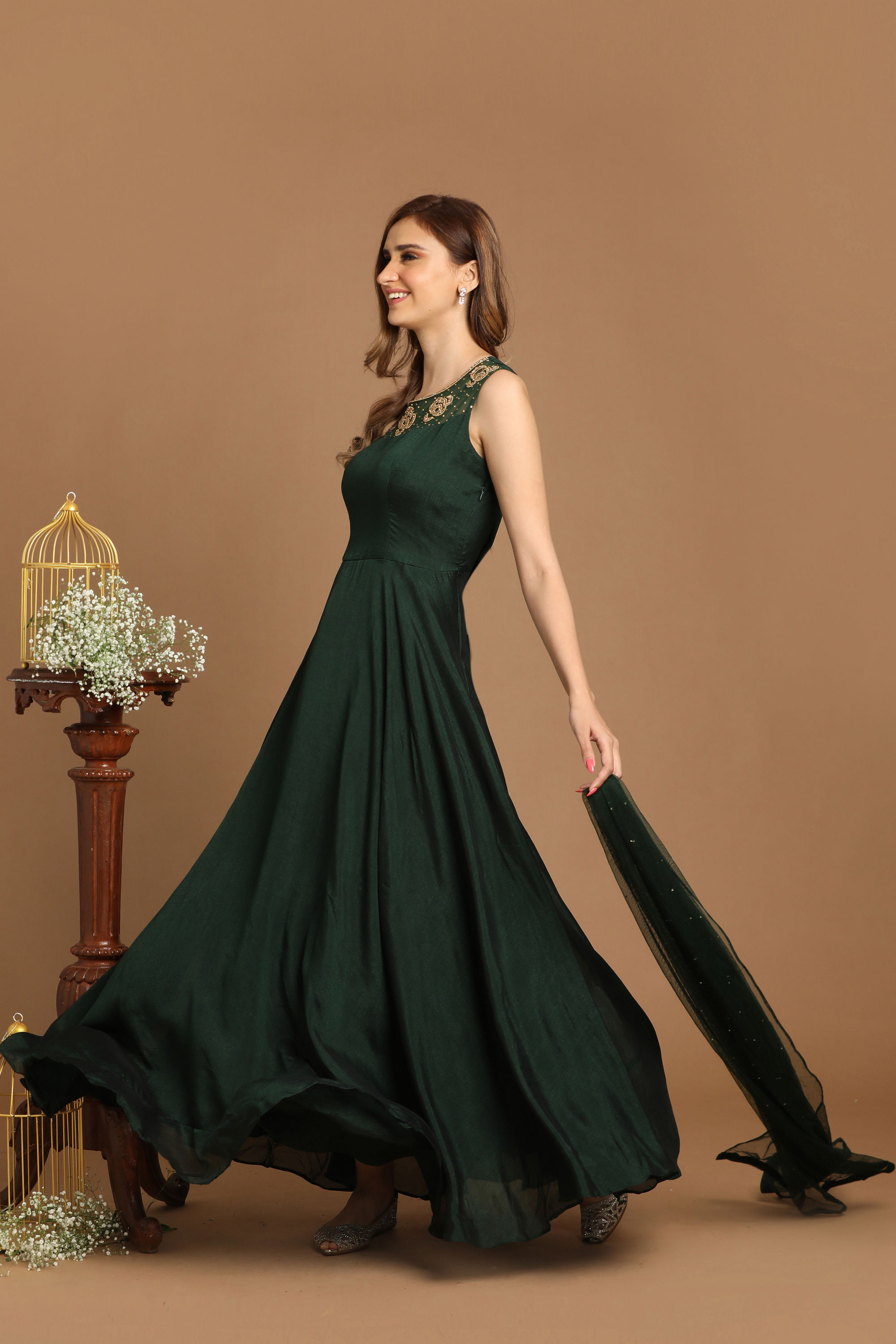 bottle green evening dress Zapakasa Women Dark Green Prom Dress Tulle Spaghetti Straps A Line Evening  Dress with Slit main image 1