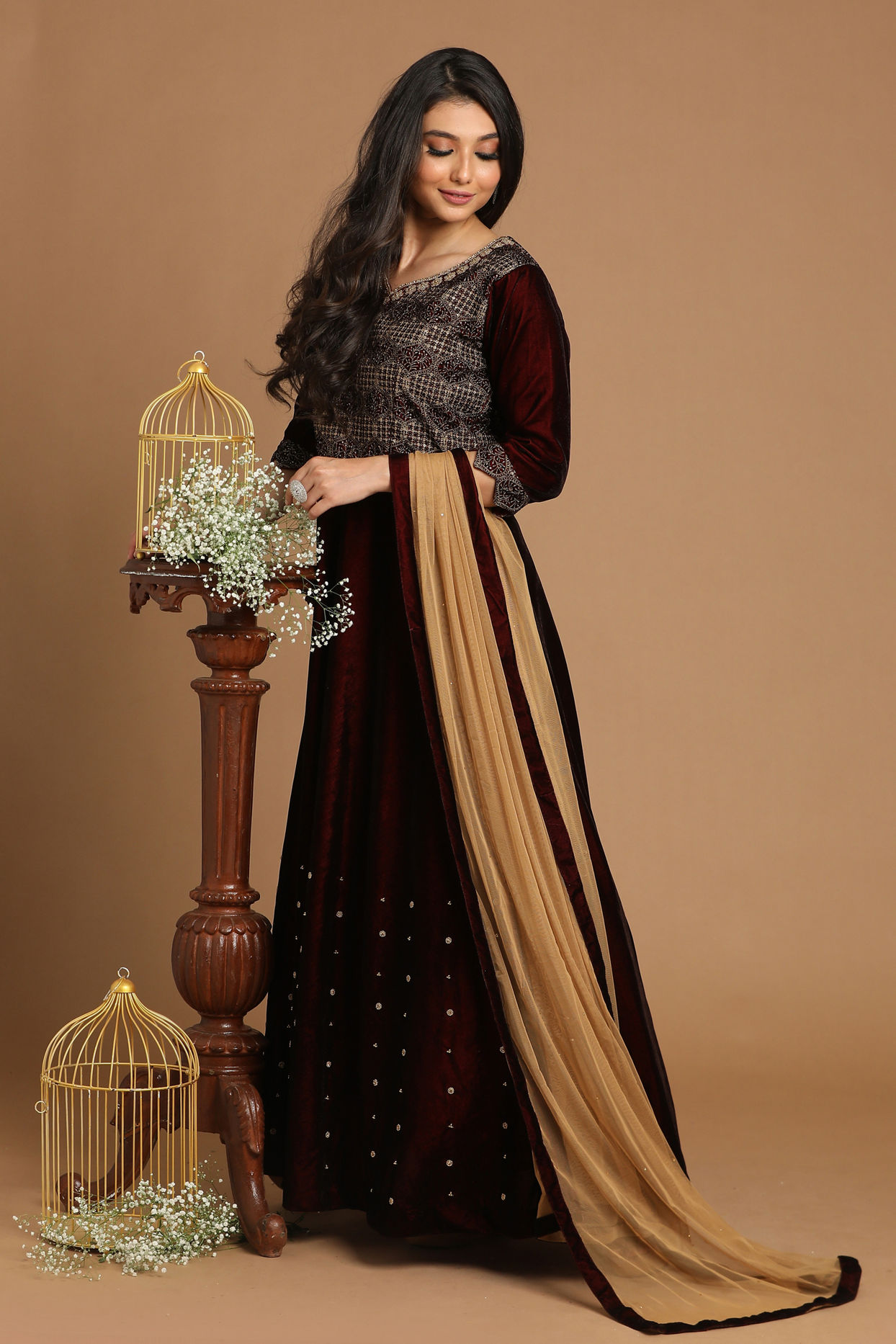 Buy Velvet Maroon Gown Online in India @Mohey - Gown for Women