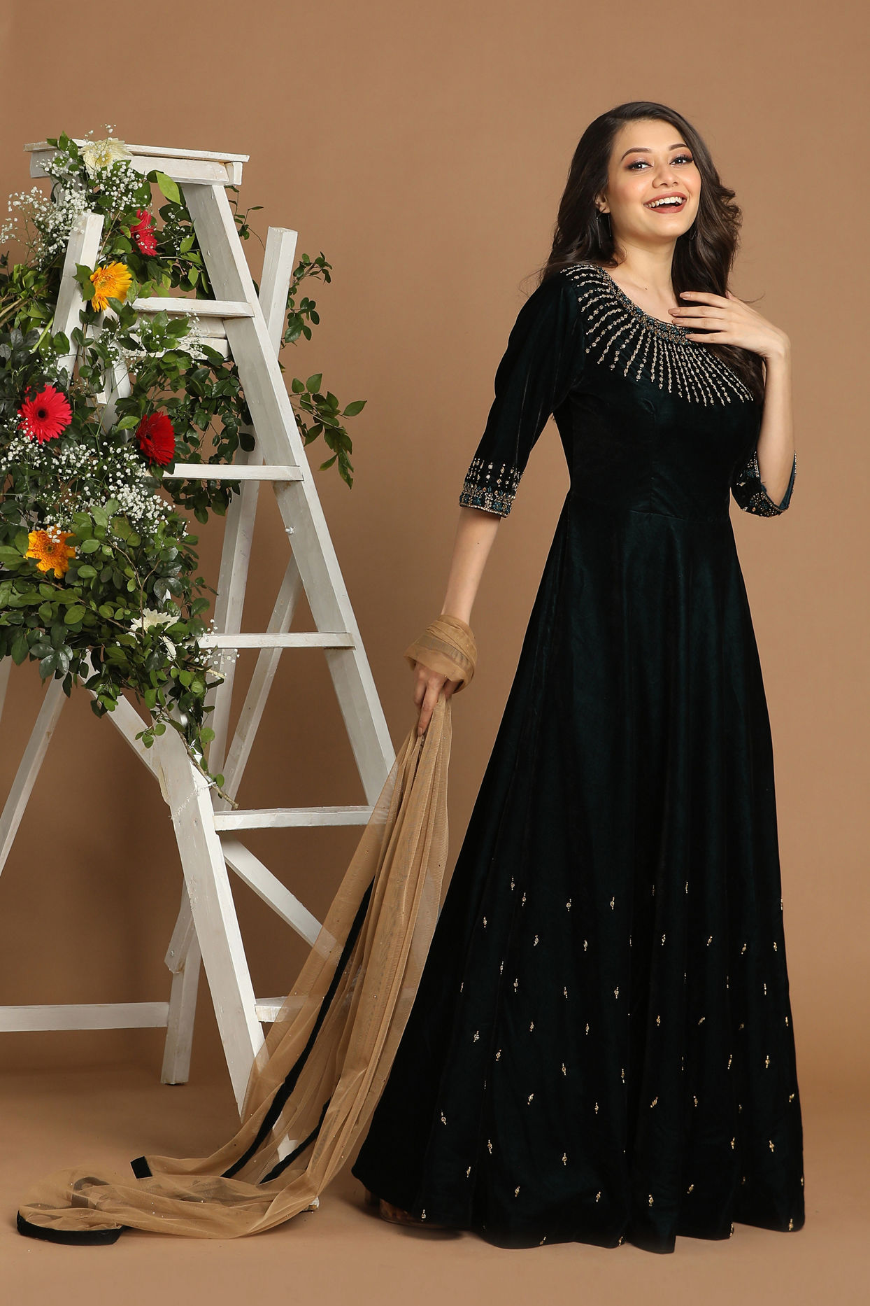 Mohey Women Velvet Bottle Green Gown