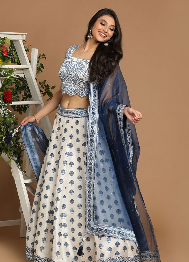 Mohey Women Sublime White And Blue Lehenga