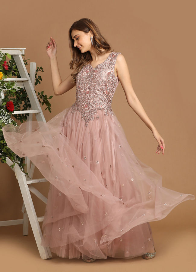 Mohey Women Pink Net Gown With Embroidery