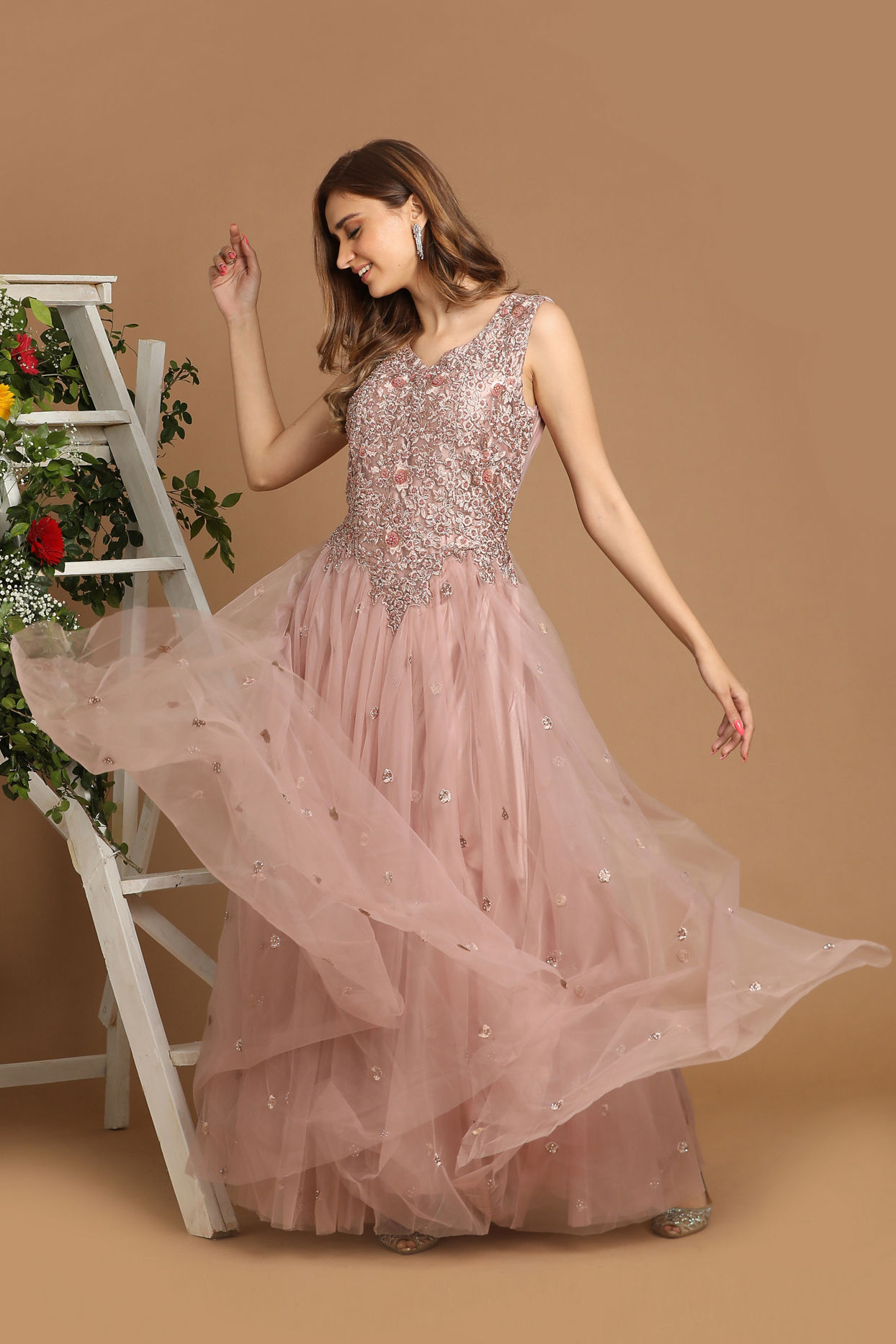 Mohey Women Pink Net Gown With Embroidery