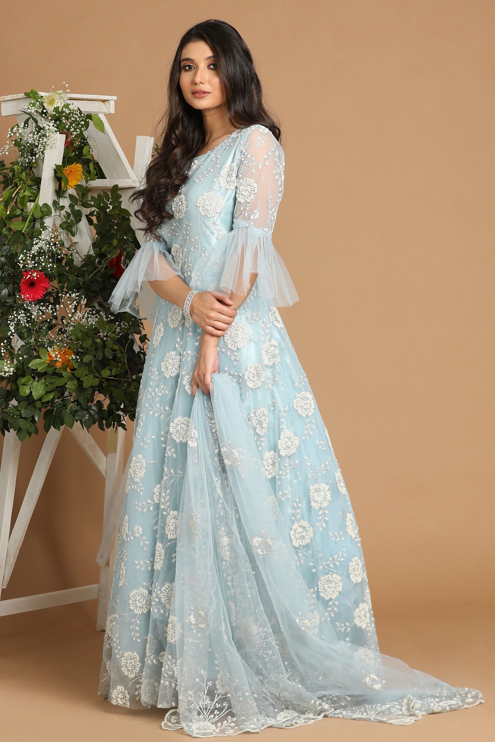 Mohey Women Light Blue Net Gown