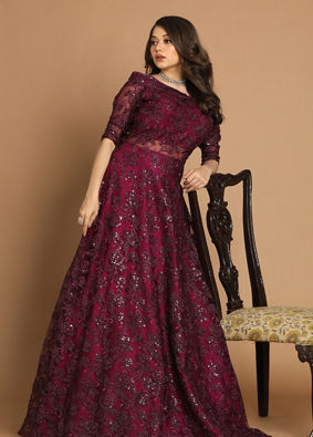 alt message - Mohey Women Off Shoulder Purple Gown image number 0