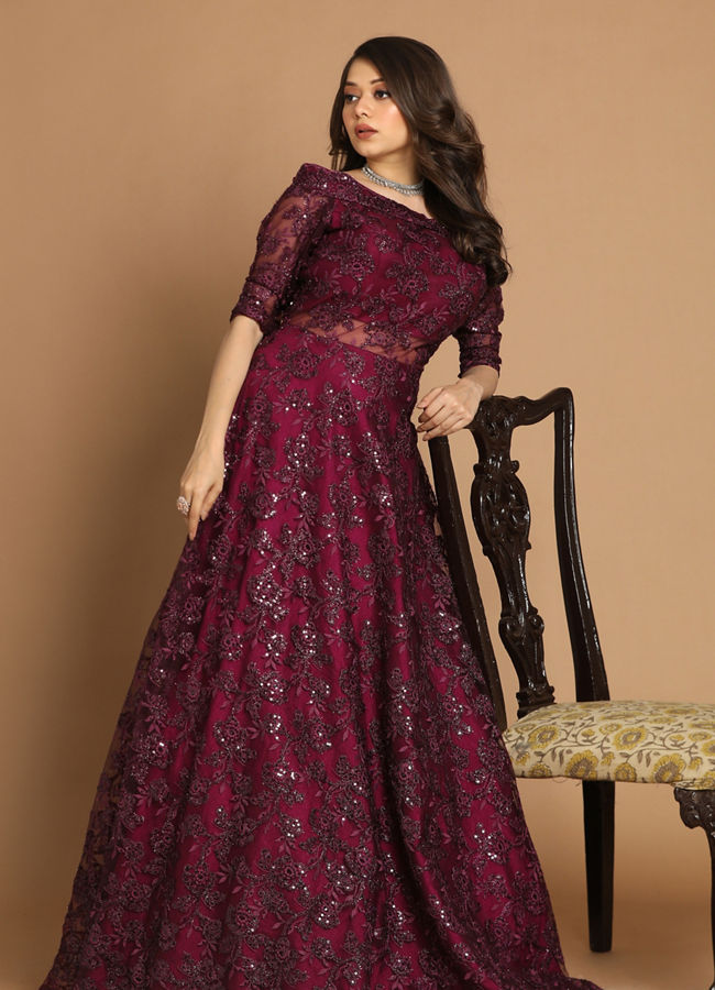 Buy Off Shoulder Purple Gown Online in India @Mohey - Indo Western