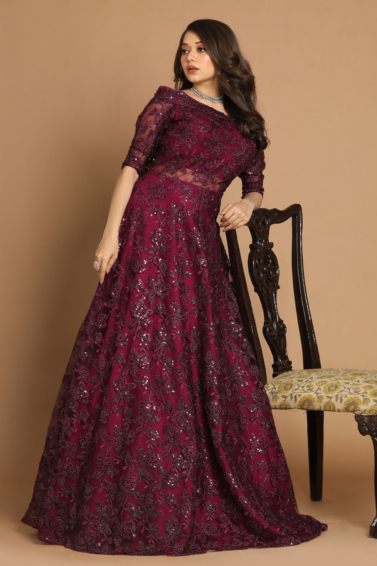 Buy Off Shoulder Purple Gown Online in India @Mohey - Indo Western for ...