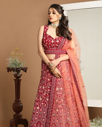 Mohey Women Georgette Wine Red Lehenga