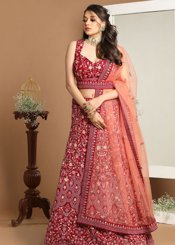 Mohey Women Georgette Wine Red Lehenga