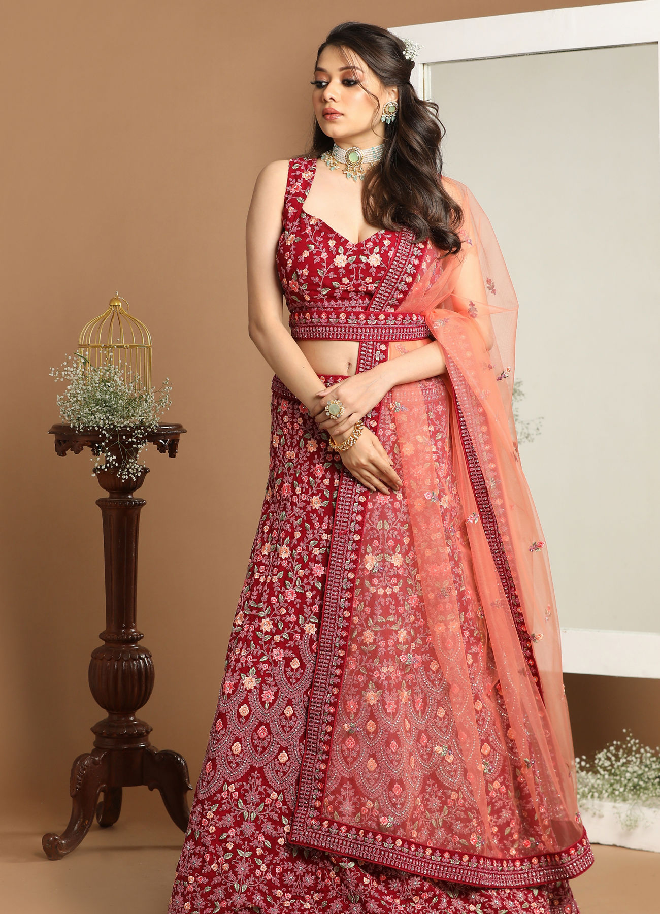 Mohey Women Georgette Wine Red Lehenga