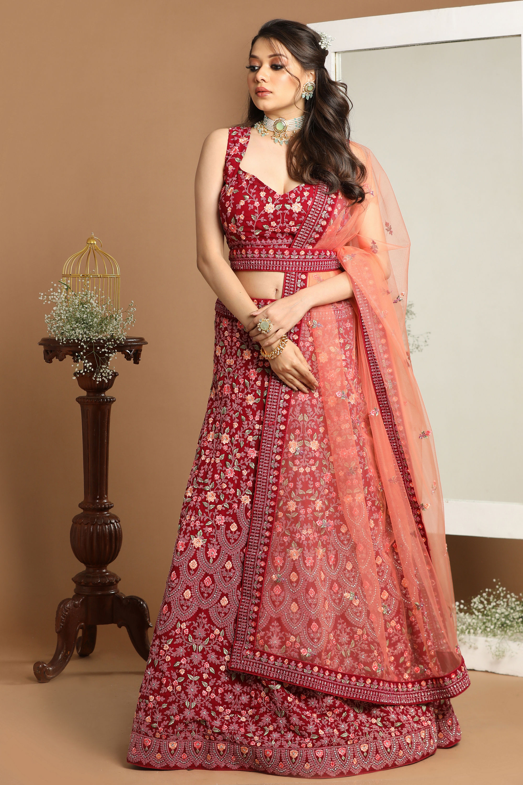 Mohey Women Georgette Wine Red Lehenga