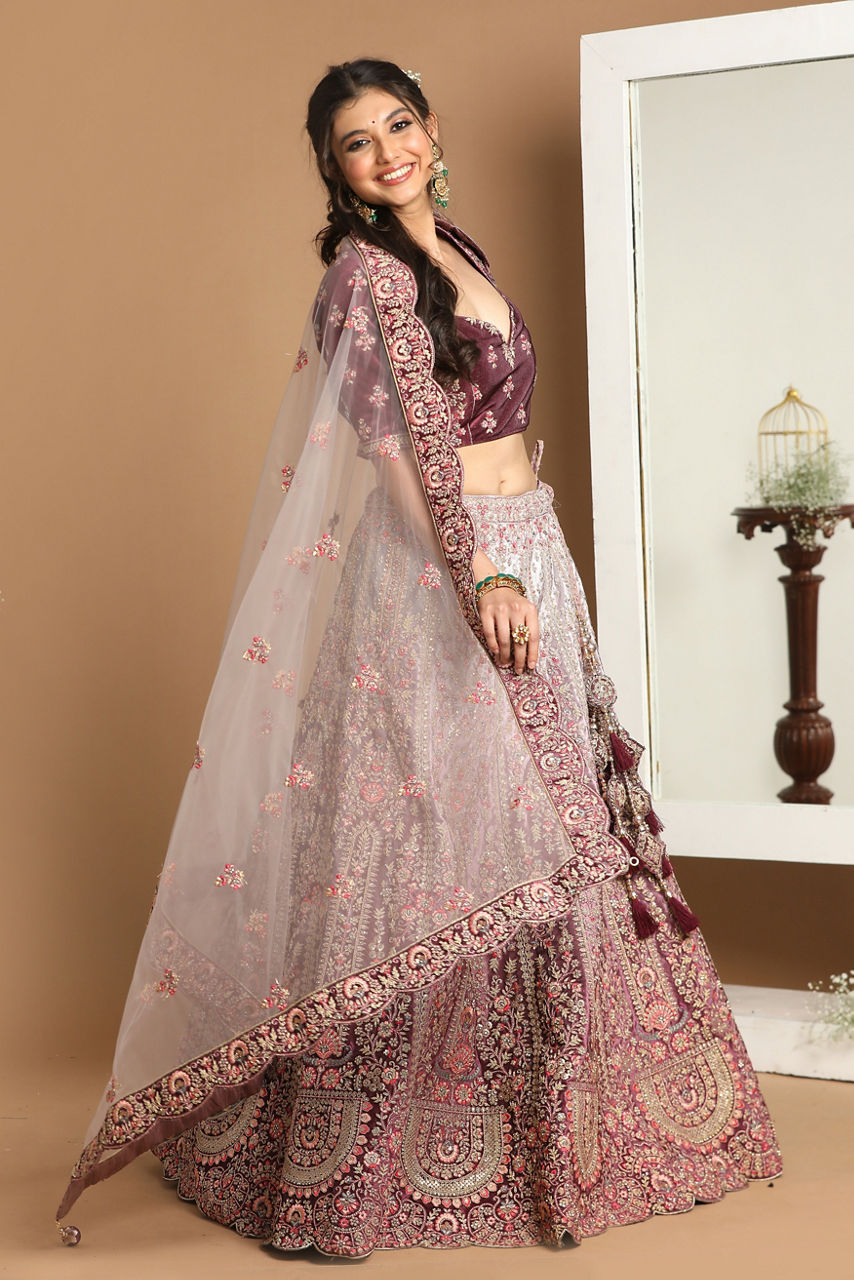Mohey Women Purple Imperial Patterned Embroidered Bridal Lehenga