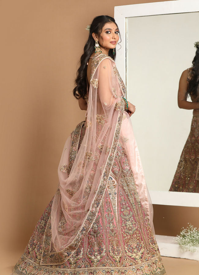 Mohey Women Embellished Rosy Pink Bridal Lehenga