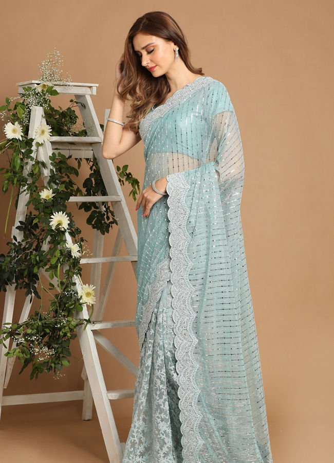 Light Blue Net Saree image number 3