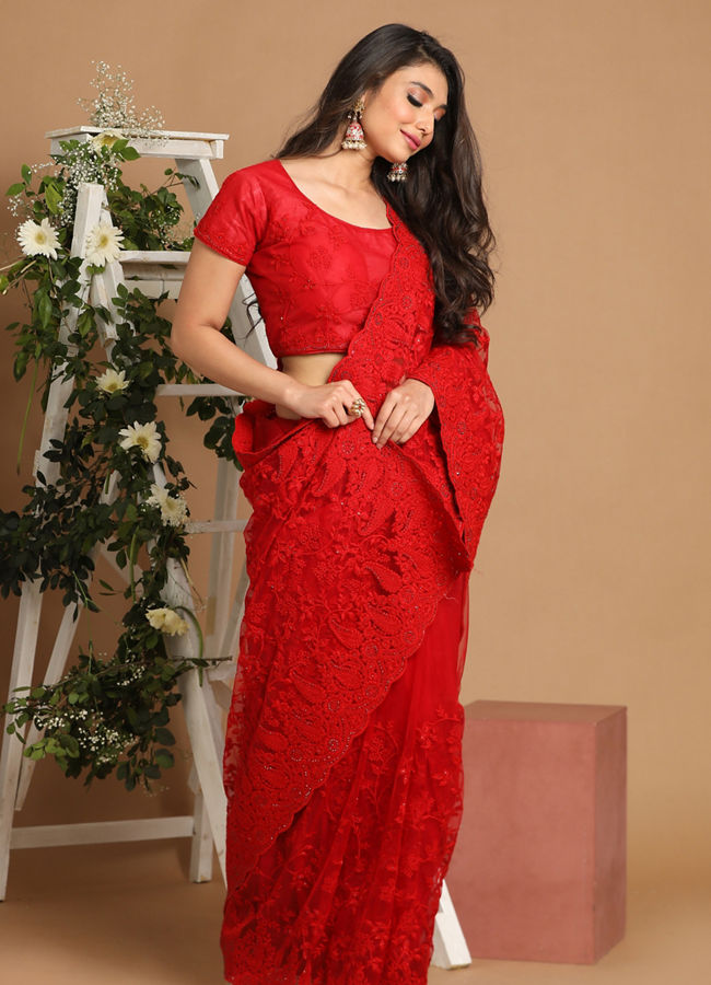 Mohey Women Gorgeous Red Net Saree
