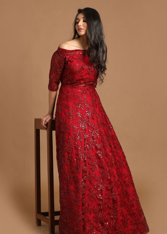 Mohey Women Bold Maroon Embellished Gown