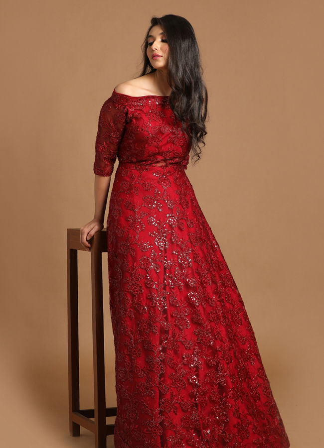 alt message - Mohey Women Bold Maroon Embellished Gown image number 0