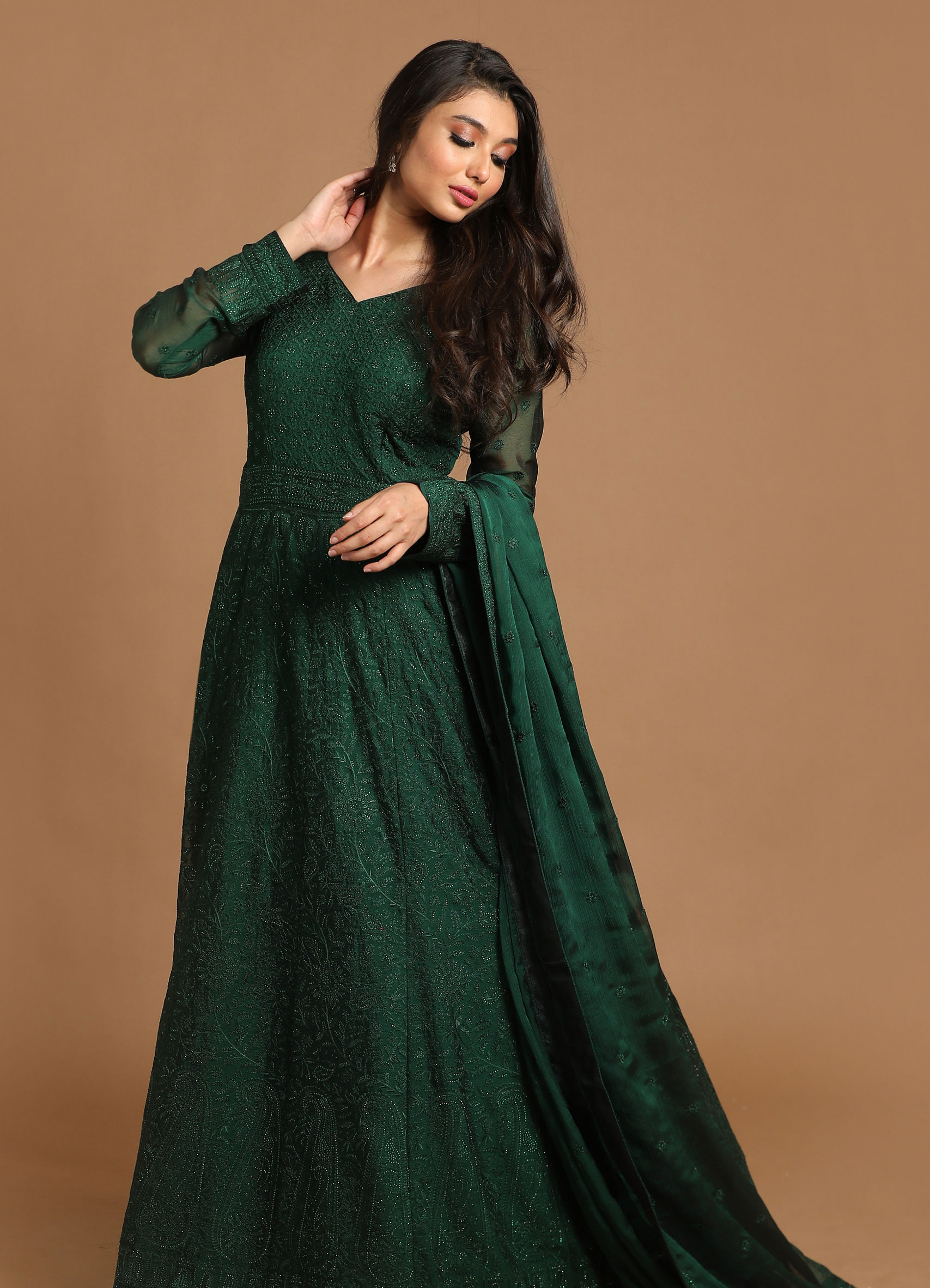 bottle green indian dress Neerus Green Ethnic Hand Embroidered Chinon Maxi Dress for Wedding Women –  Neerus India main image 0