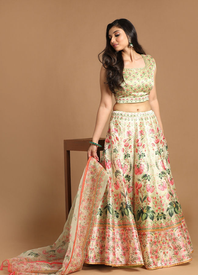 Glimmery Green Floral Print Lehenga image number 2