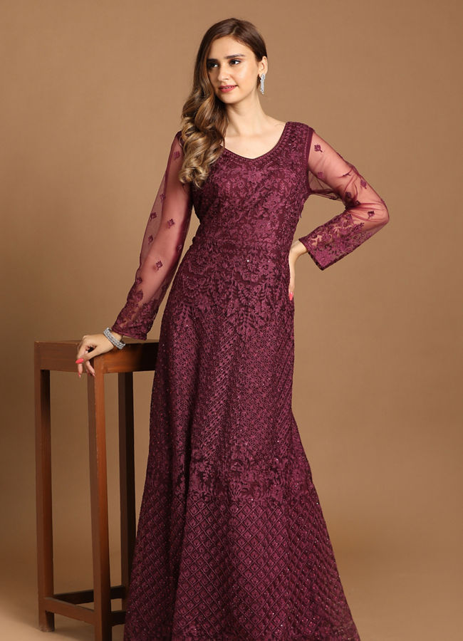 Buy Dazzling Wine Party Wear Gown Online in the USA Mohey Indo Western for Women