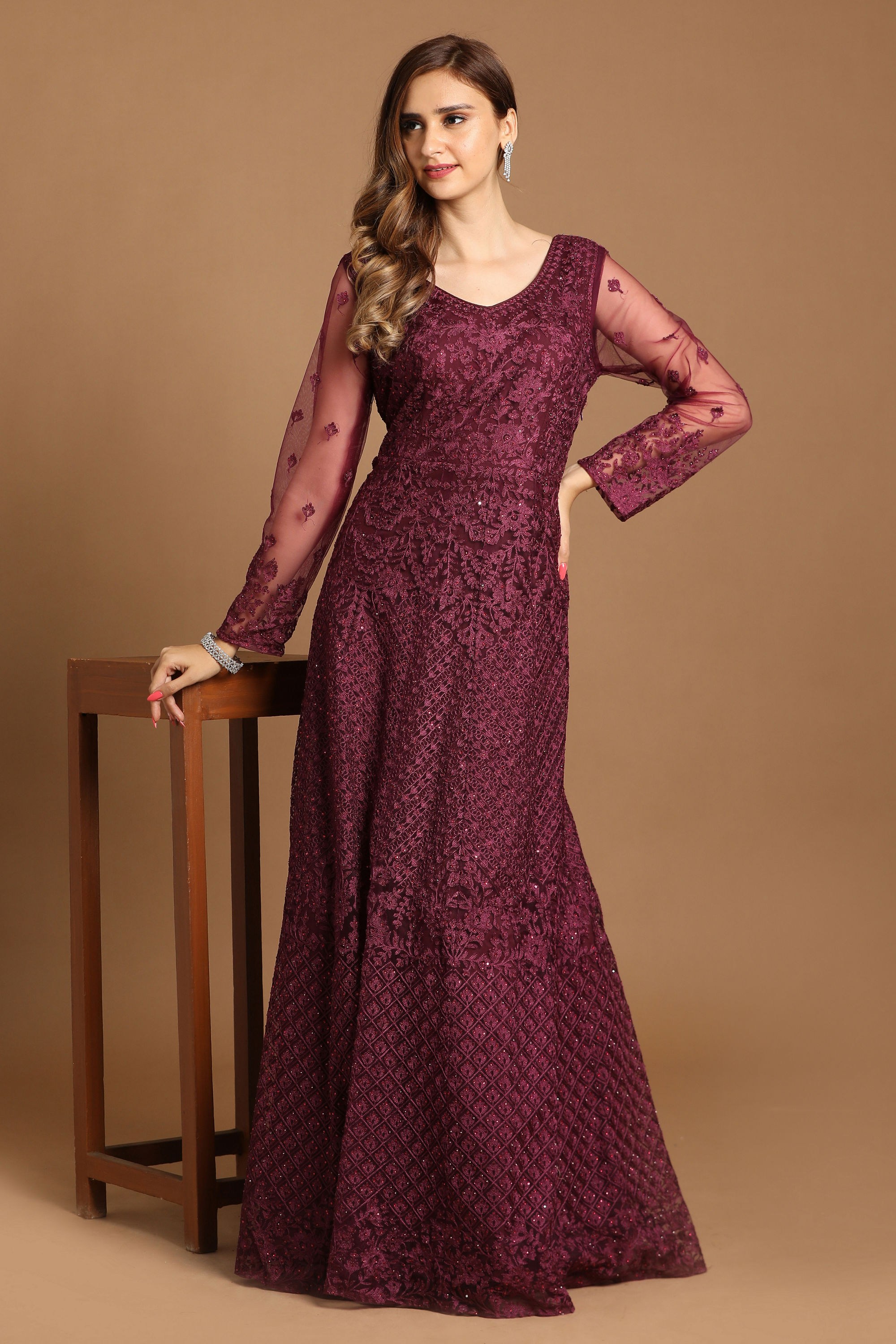 Mohey Women Dazzling Wine Party Wear Gown