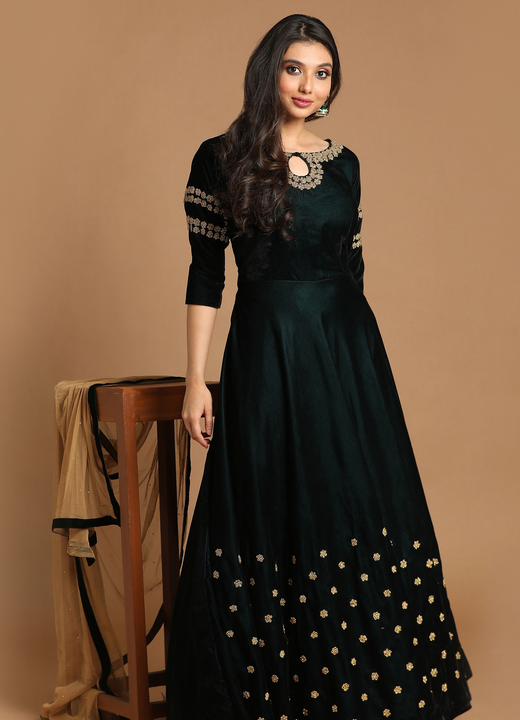 bottle green western dress Velvet Gown retro reflective
