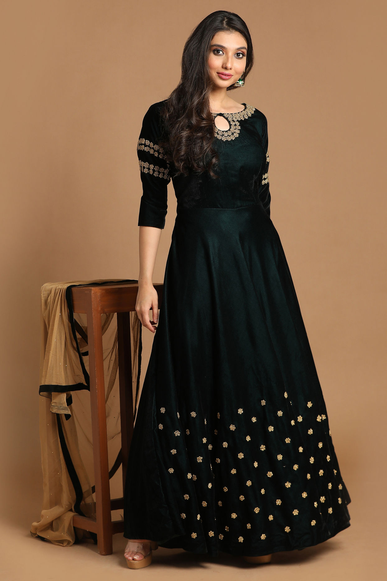 Mohey Women Bottle Green Velvet Gown