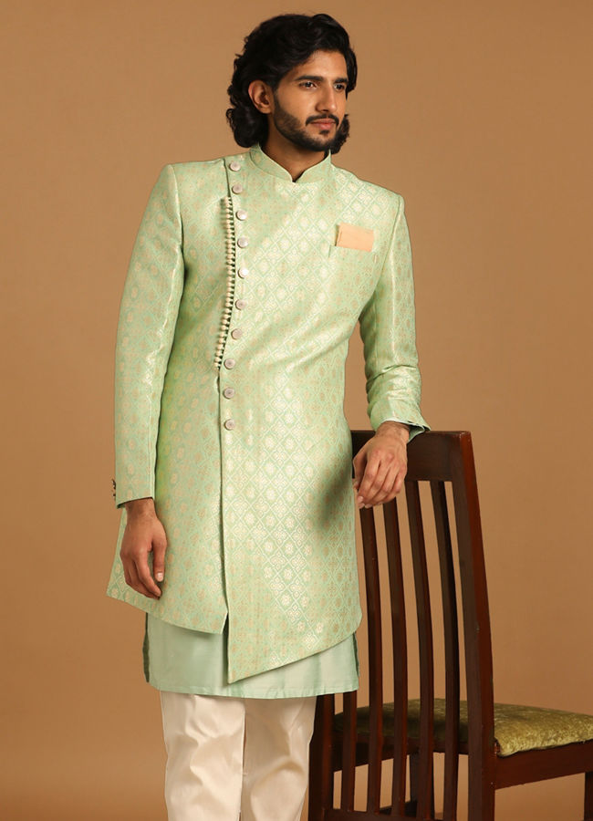 alt message - Manyavar Men Playful Green Indo Western Set image number 1