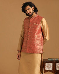 Manyavar Men Rust And Gold Kurta Jacket Set