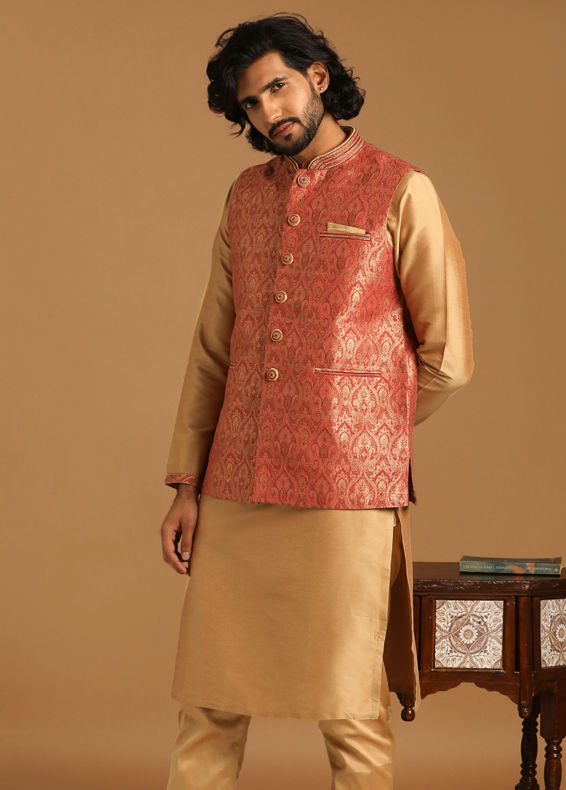 Manyavar Men Rust And Gold Kurta Jacket Set