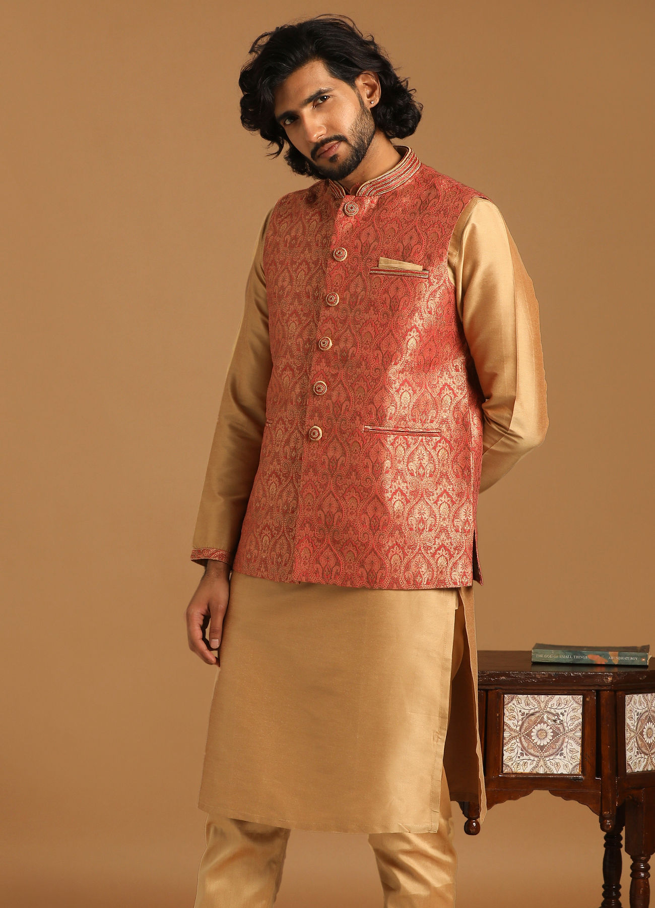 Manyavar Men Rust And Gold Kurta Jacket Set