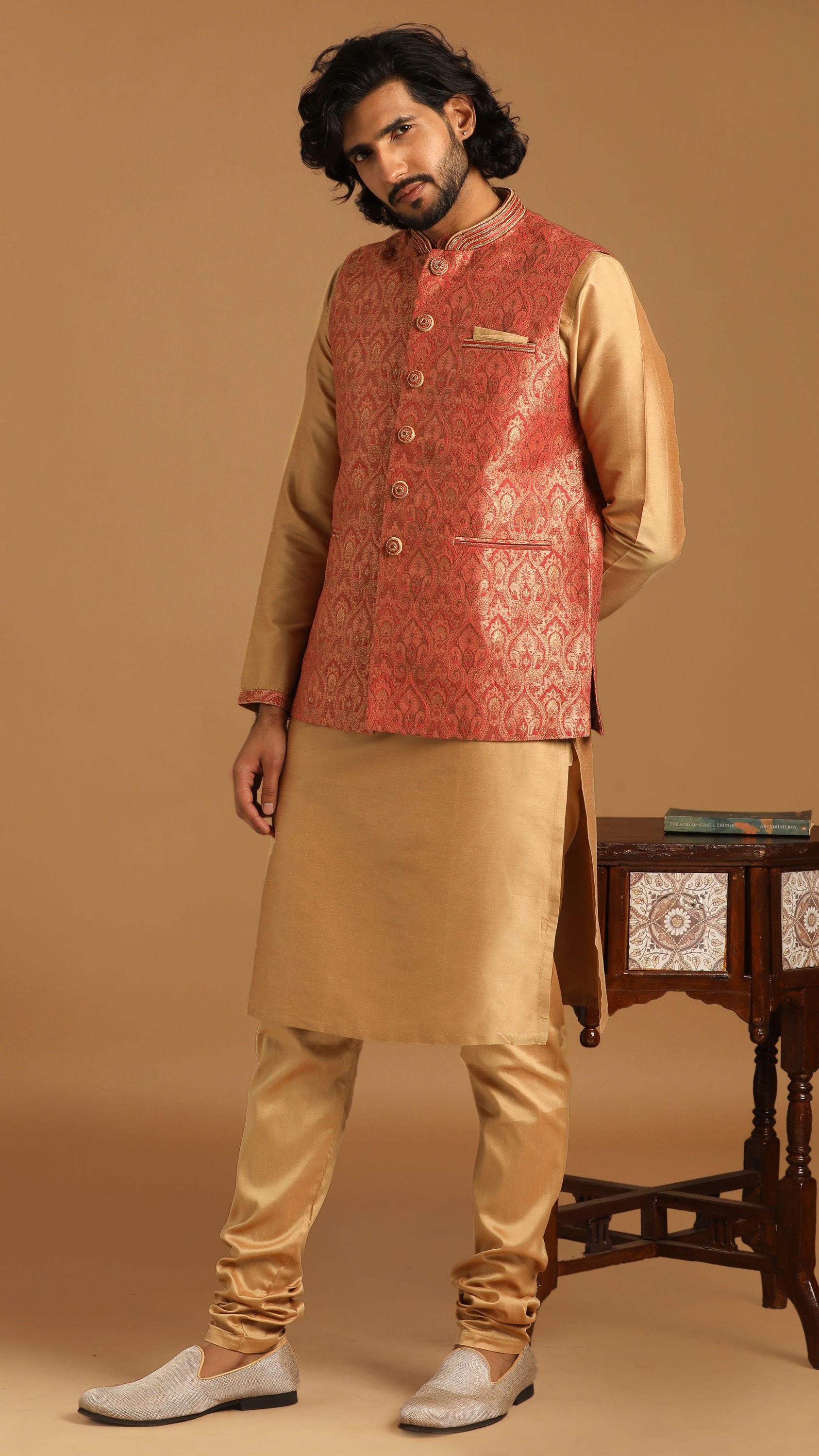 Manyavar Men Rust And Gold Kurta Jacket Set