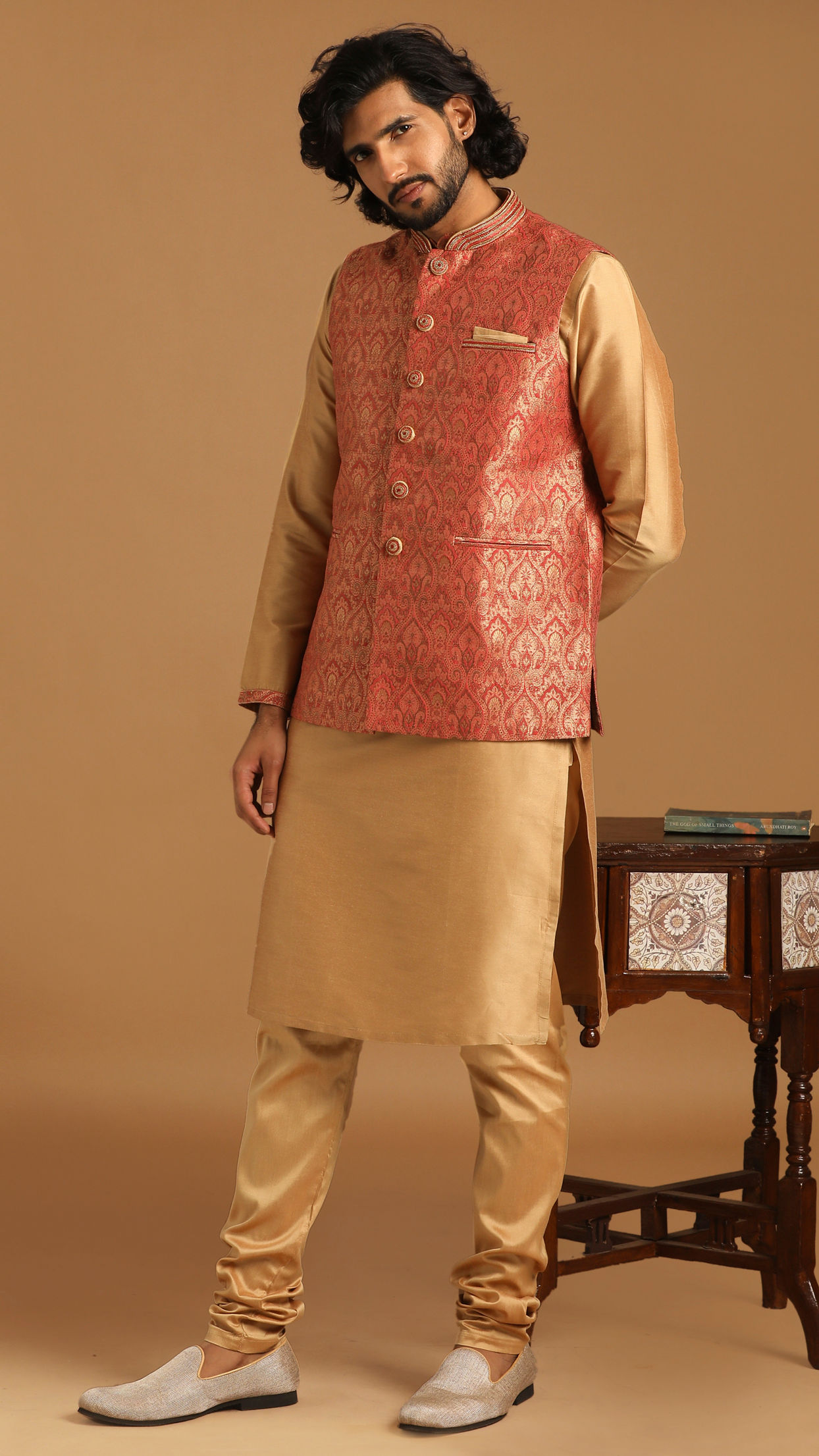 Buy Rust And Gold Kurta Jacket Set Online in the USA @Manyavar - Kurta ...