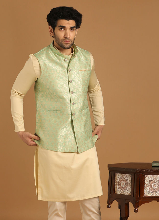 Sea Green Celebration Wear Kurta Jacket With Golden Motifs image number 1