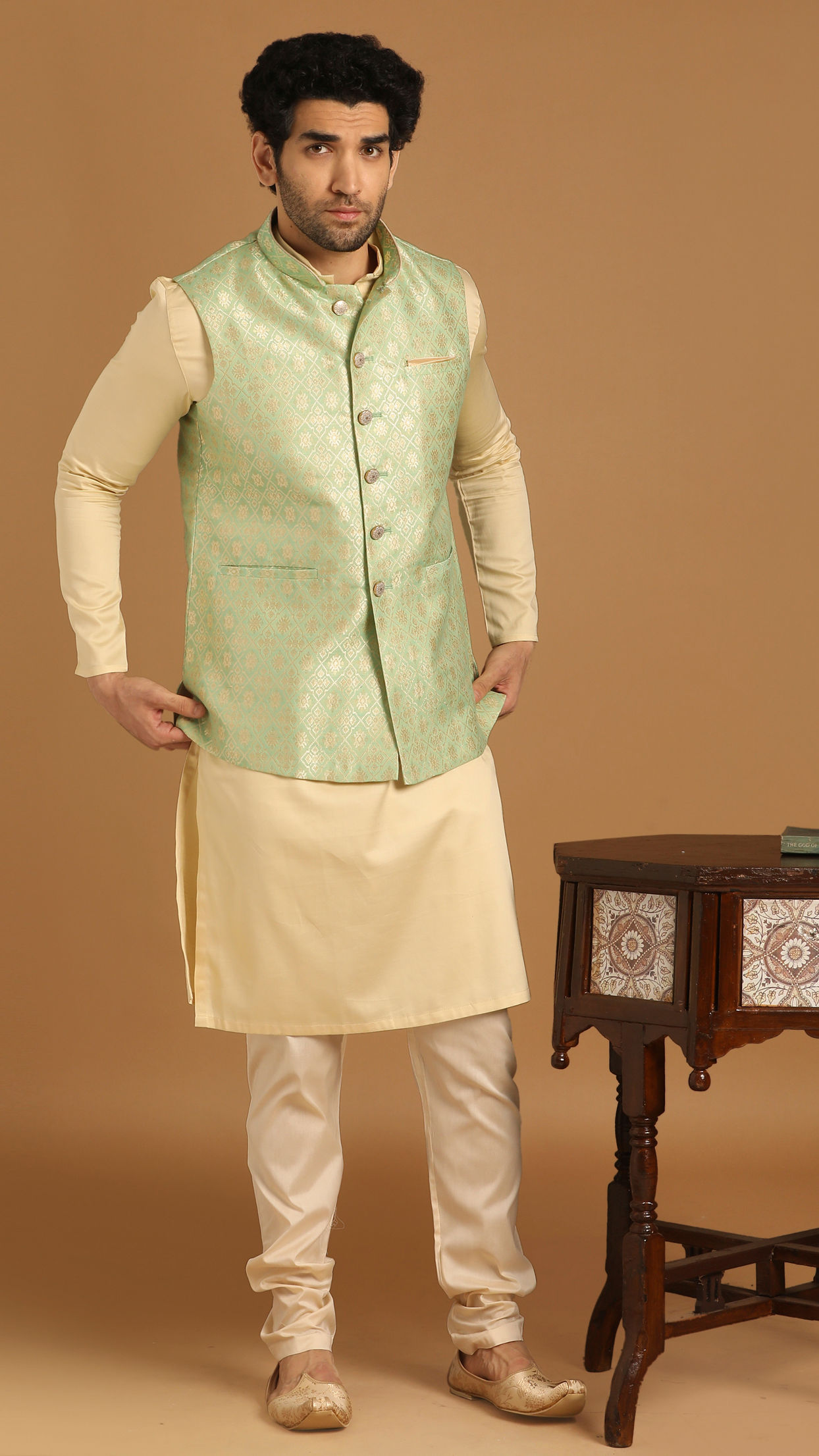 Buy Sea Green Celebration Wear Kurta Jacket With Golden Motifs Online in India Manyavar Kurta