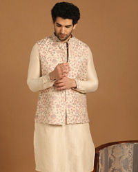 Manyavar Men Cream Floral Print Festive Kurta Jacket Set