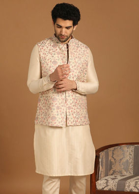 alt message - Manyavar Men Cream Floral Print Festive Kurta Jacket Set image number 1