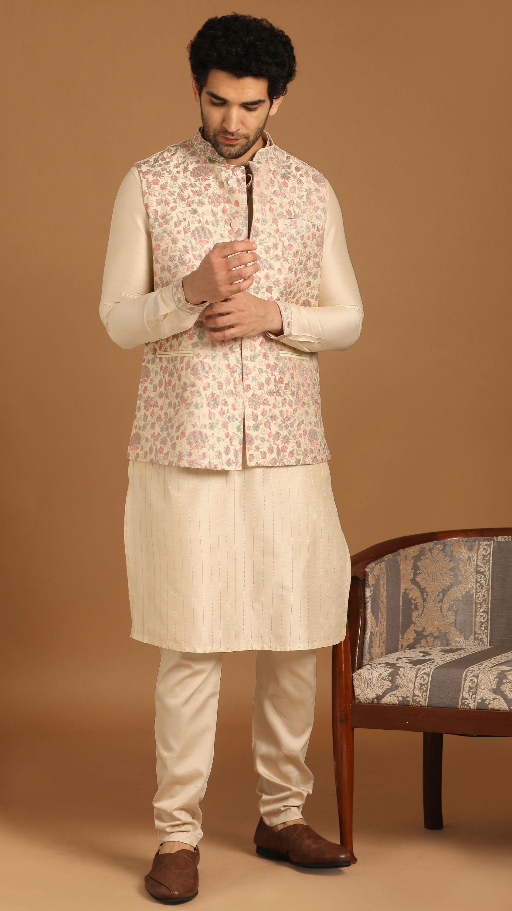 Manyavar Men Cream Floral Print Festive Kurta Jacket Set