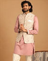 alt message - Manyavar Men Self Design Cream Kurta Jacket Set image number 1