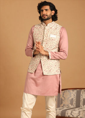 alt message - Manyavar Men Self Design Cream Kurta Jacket Set image number 1